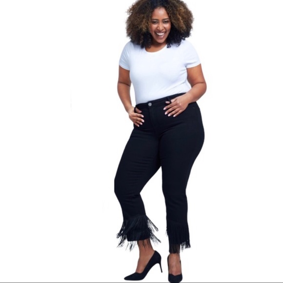 NEW Limited Edition SEVEN7 Black Mid Rise Fringe Slim Straight Jeans Plus Size - Picture 1 of 16